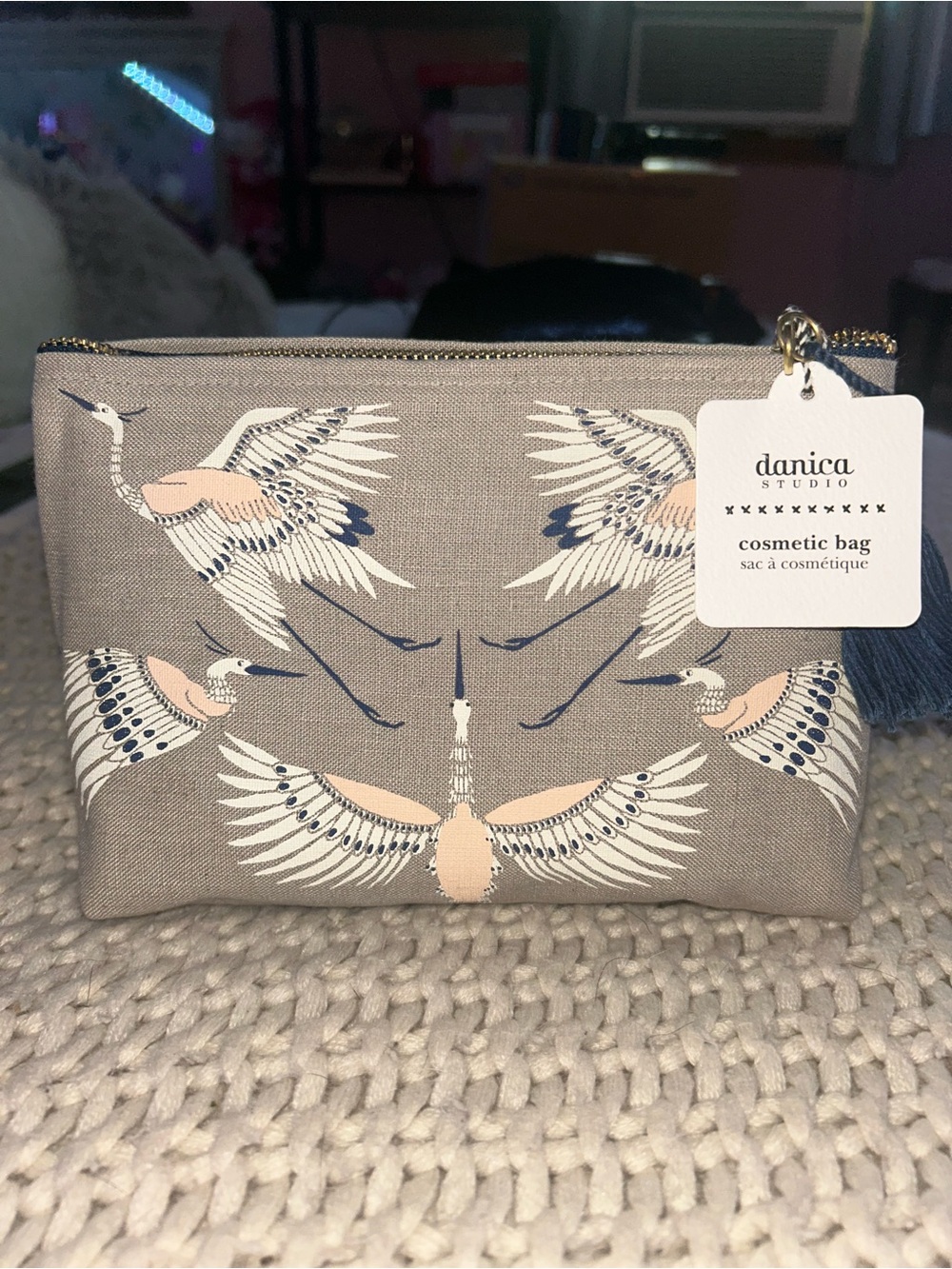Danica Studio Crane Print Gray Cosmetic Bag with Tassel